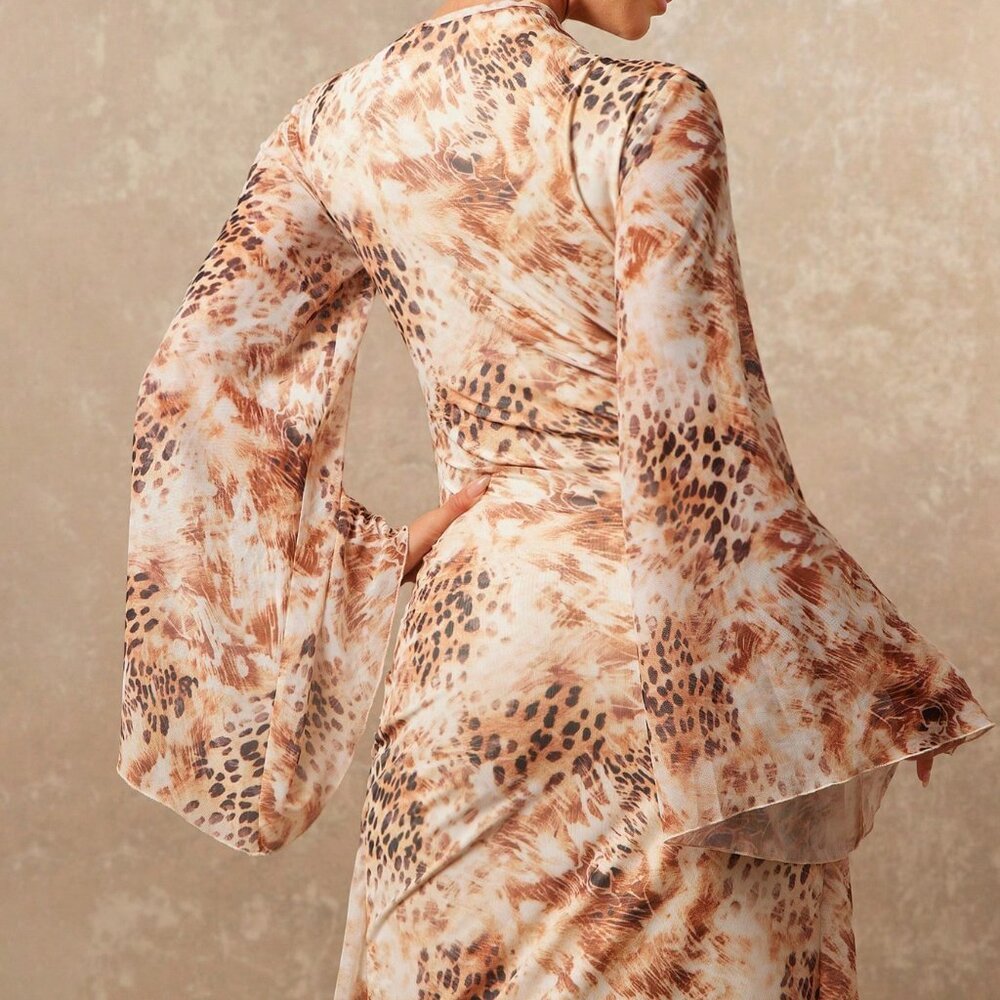 Multicolor Casual Women's Tie-Dye Leopard Print Mesh V-Neck Dress - Picture 7 of 7